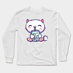 a cute cat holding and drinking boba tea Long Sleeve T-Shirt